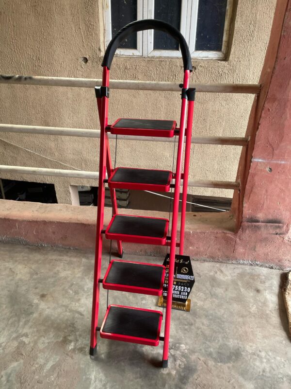  Red, foldable, 5-step hand-grip ladder, likely made of aluminum. 