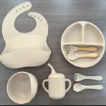 Silicone Baby Feeding Set Microwave Oven Safe for 0-3 Years Includes Suction Plate Soft Bowl Spoons Forks Bib Snack Cup