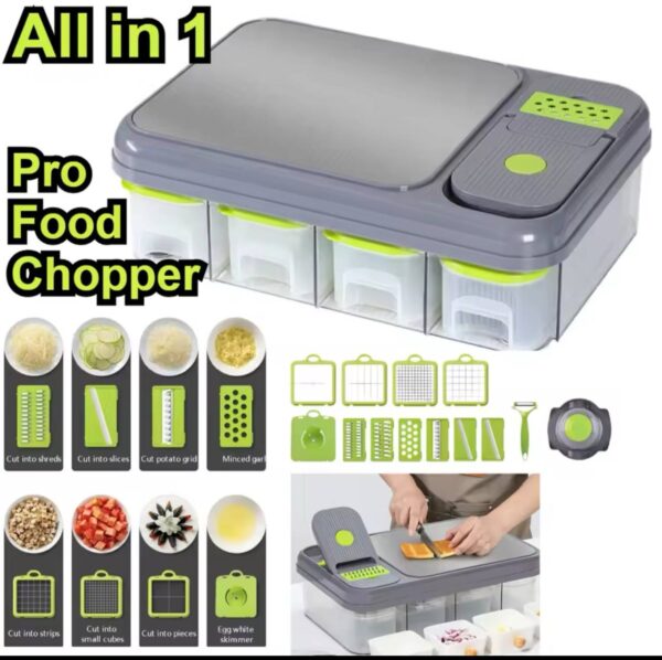 All-In-1 Veggie Stainless Steel Pro Food Chopper with Built-In Cutting Board and Container for Vegetable Salad Cheese Grater