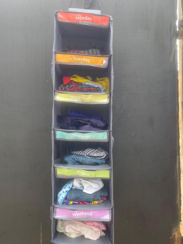 5-layer Kids Daily Clothes Organizer Foldable Label Weekly Clothing Storage Rack Mon.to Fri. Space Saving

Children cloth planner